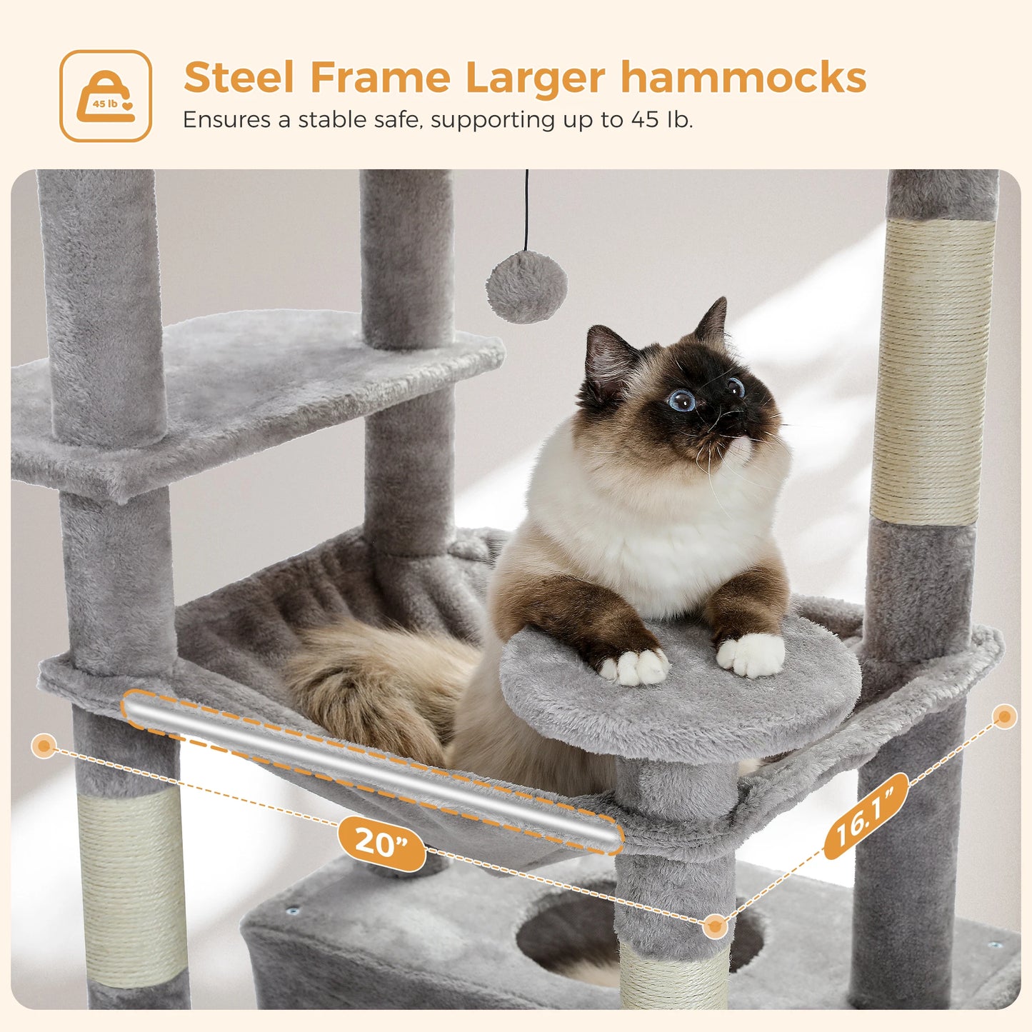 Large Cat Tree Tower for Indoor Cats With Sisal-Covered Scratching Posts Spacious Hammock Padded Perches and Condos Grey