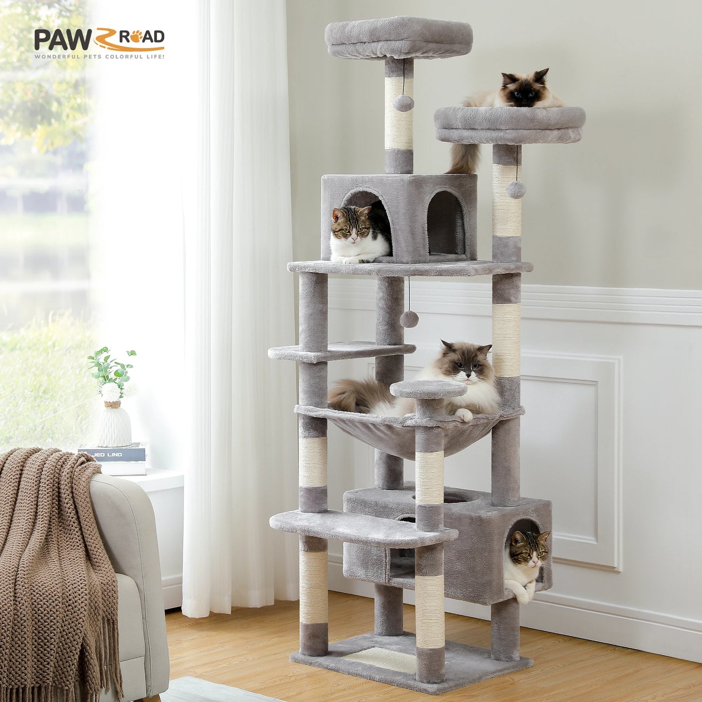 Large Cat Tree Tower for Indoor Cats With Sisal-Covered Scratching Posts Spacious Hammock Padded Perches and Condos Grey