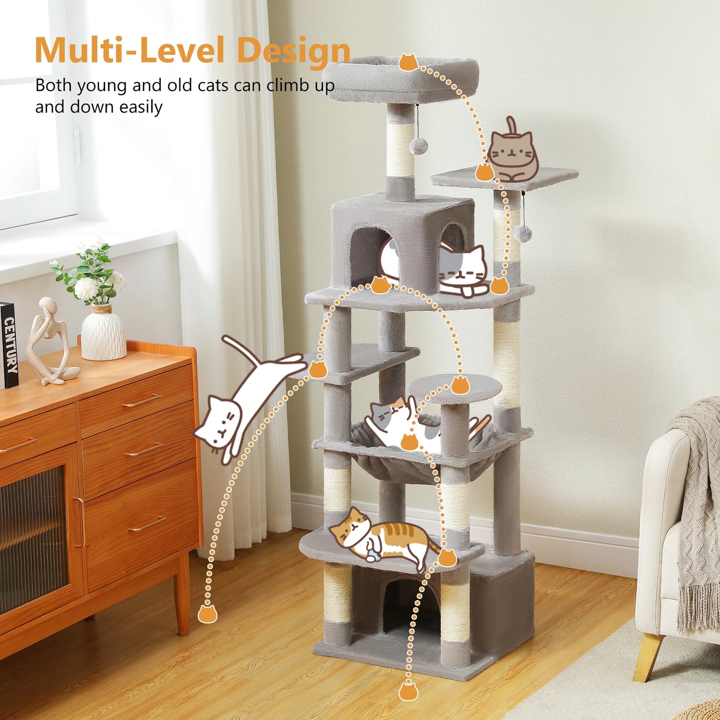Large Cat Tree Tower for Indoor Cats With Sisal-Covered Scratching Posts Spacious Hammock Padded Perches and Condos Grey