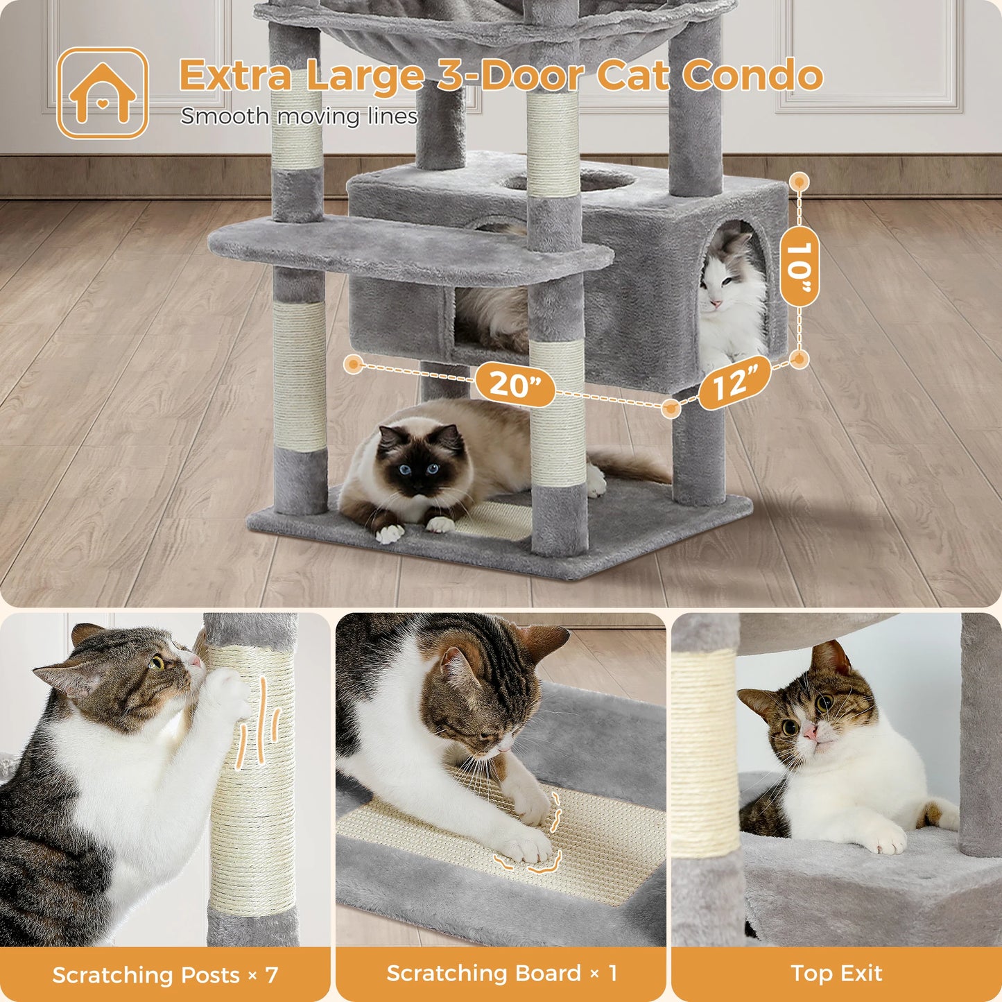 Large Cat Tree Tower for Indoor Cats With Sisal-Covered Scratching Posts Spacious Hammock Padded Perches and Condos Grey