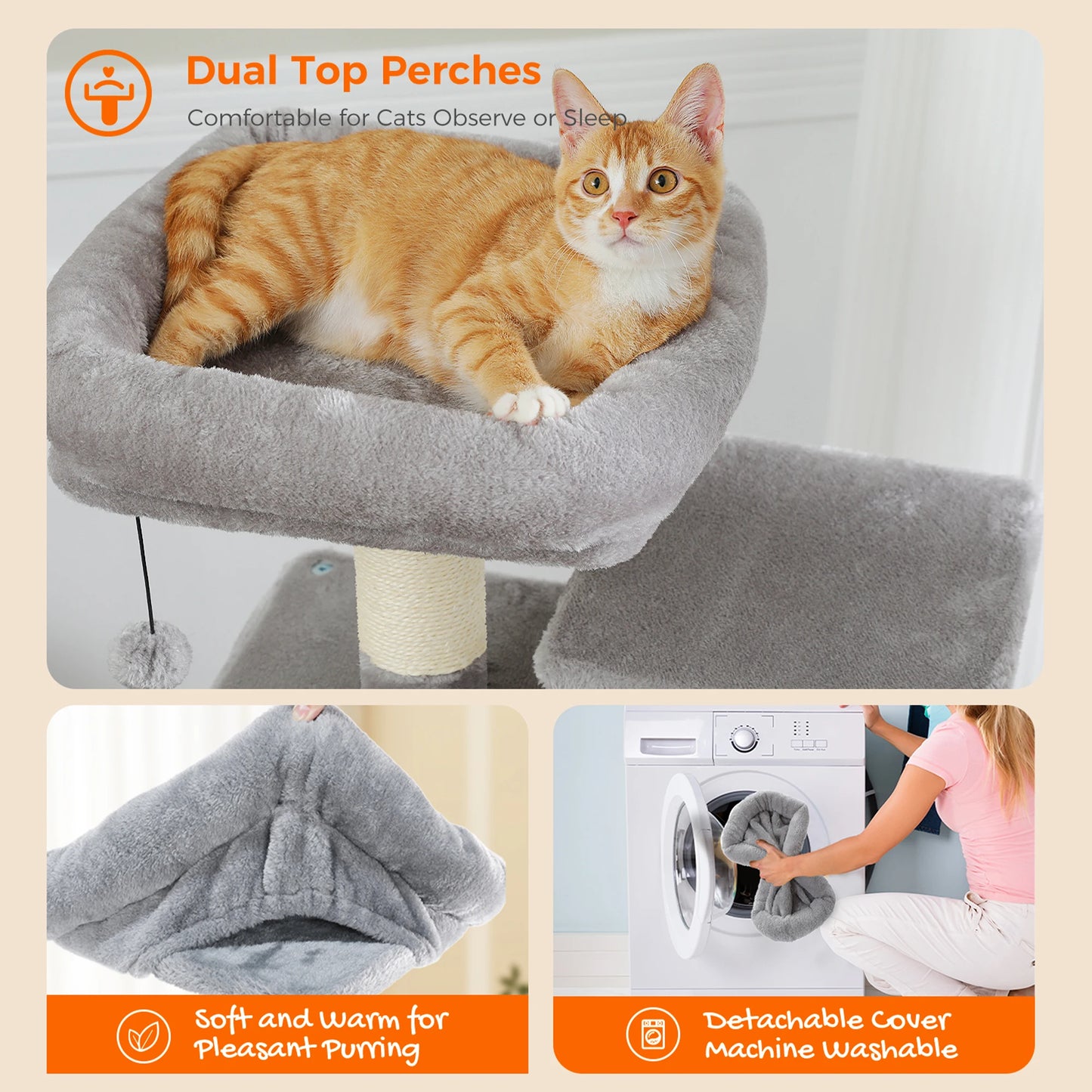 Large Cat Tree Tower for Indoor Cats With Sisal-Covered Scratching Posts Spacious Hammock Padded Perches and Condos Grey