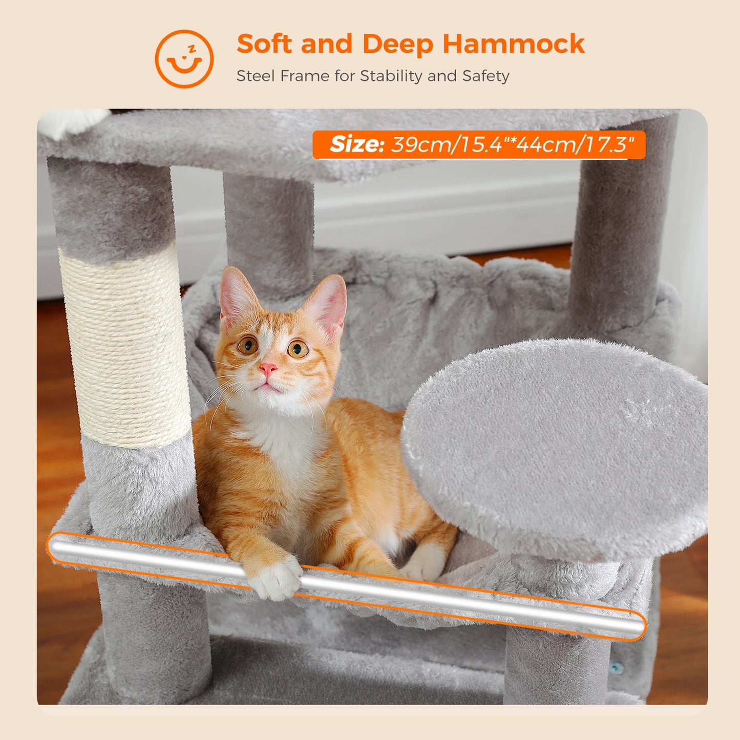 Large Cat Tree Tower for Indoor Cats With Sisal-Covered Scratching Posts Spacious Hammock Padded Perches and Condos Grey