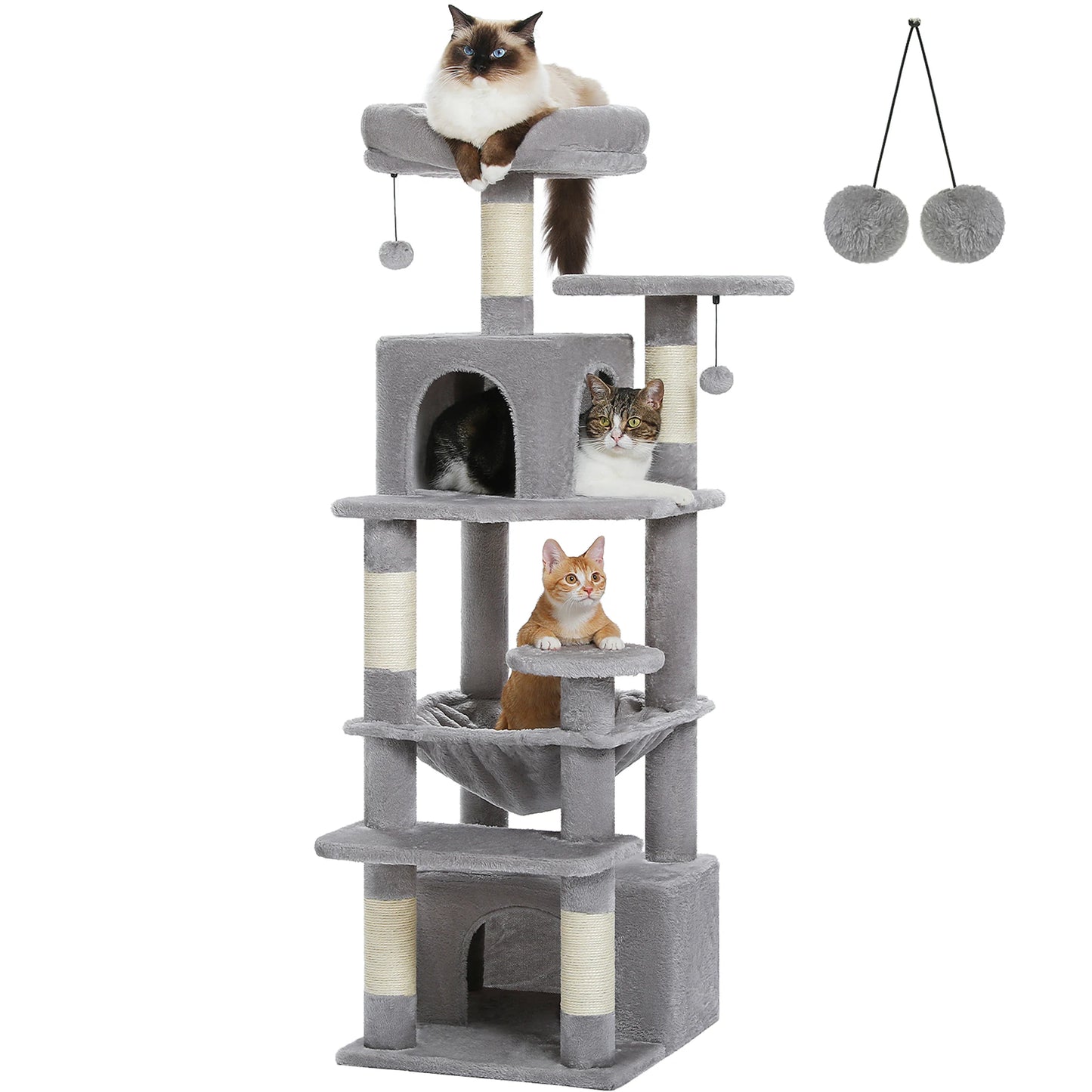 Large Cat Tree Tower for Indoor Cats With Sisal-Covered Scratching Posts Spacious Hammock Padded Perches and Condos Grey