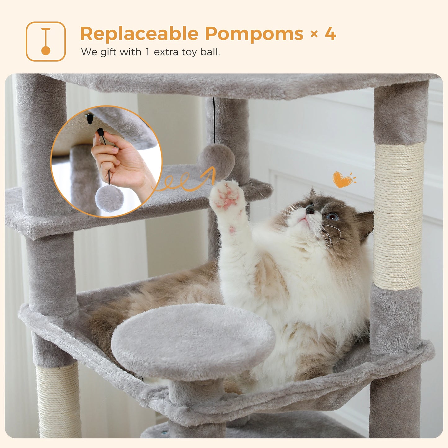 Large Cat Tree Tower for Indoor Cats With Sisal-Covered Scratching Posts Spacious Hammock Padded Perches and Condos Grey