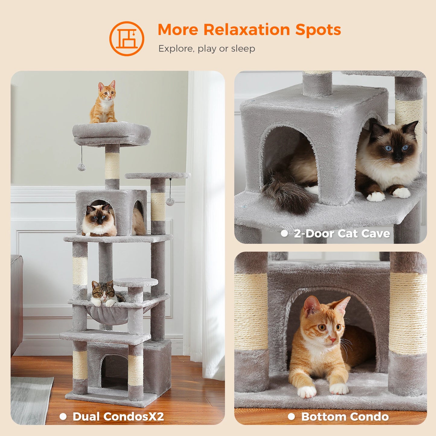 Large Cat Tree Tower for Indoor Cats With Sisal-Covered Scratching Posts Spacious Hammock Padded Perches and Condos Grey
