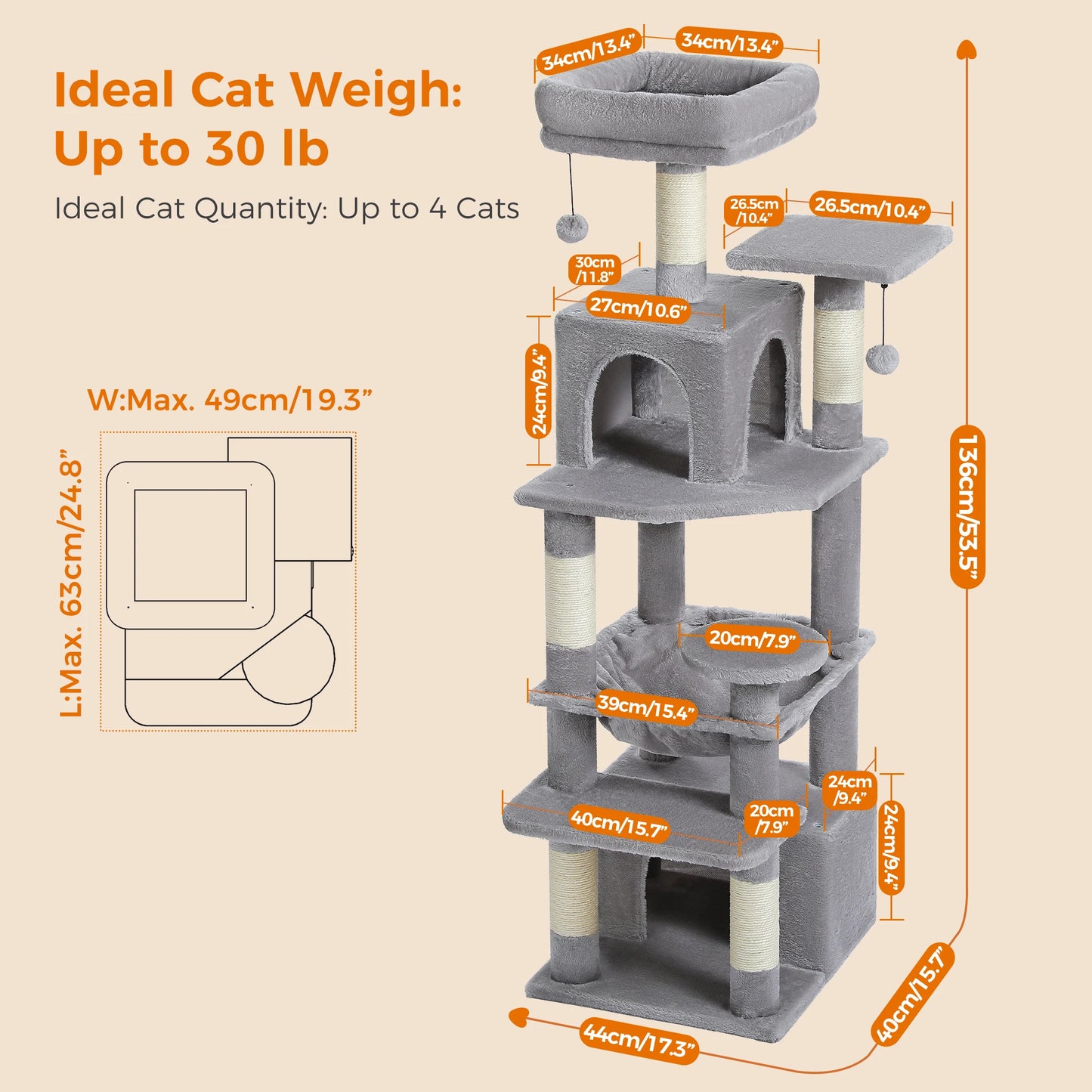 Large Cat Tree Tower for Indoor Cats With Sisal-Covered Scratching Posts Spacious Hammock Padded Perches and Condos Grey