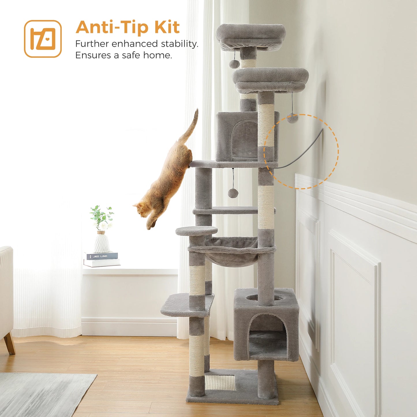 Large Cat Tree Tower for Indoor Cats With Sisal-Covered Scratching Posts Spacious Hammock Padded Perches and Condos Grey